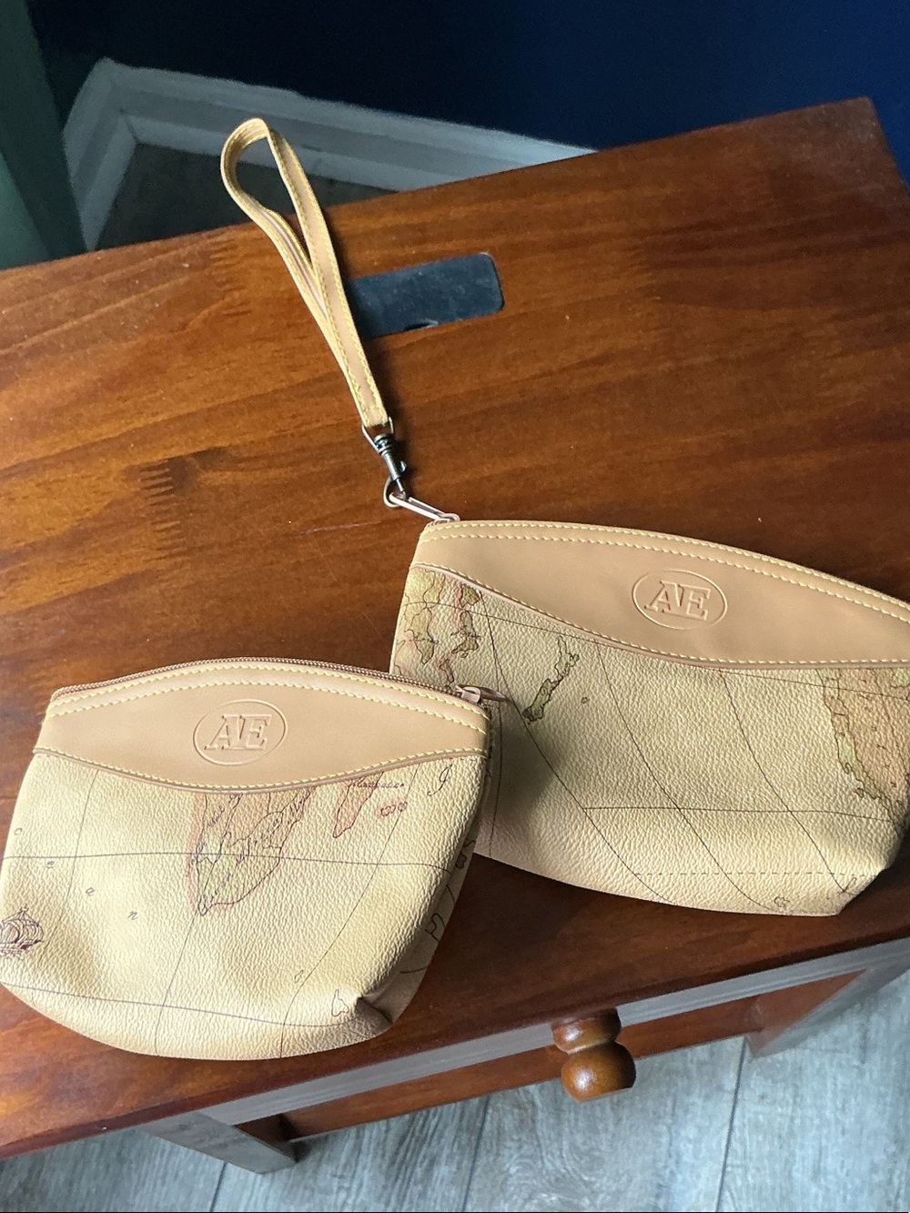 American Eagle Outfitters Beige Map-Print Wristlet and Pouch Set
